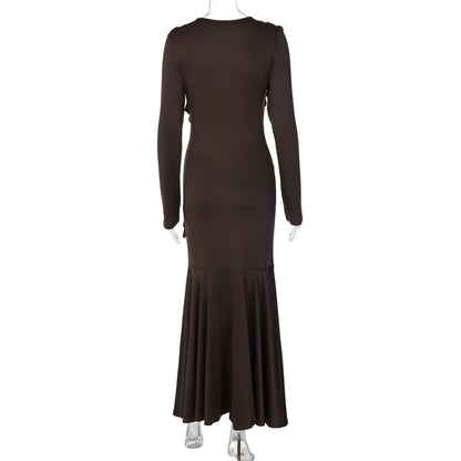 Long sleeve ruffle self tie solid maxi dress  | Festival Outfits Women