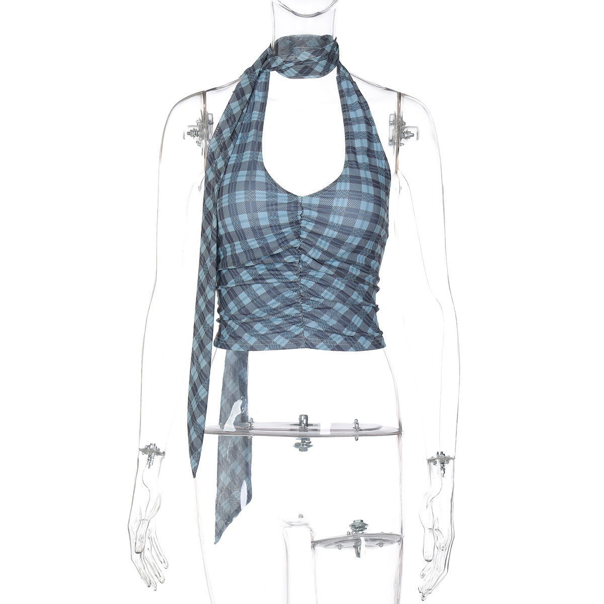 Halter u neck plaid ruched backless top  | Festival Outfits Women