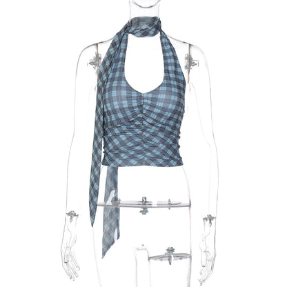 Halter u neck plaid ruched backless top  | Festival Outfits Women
