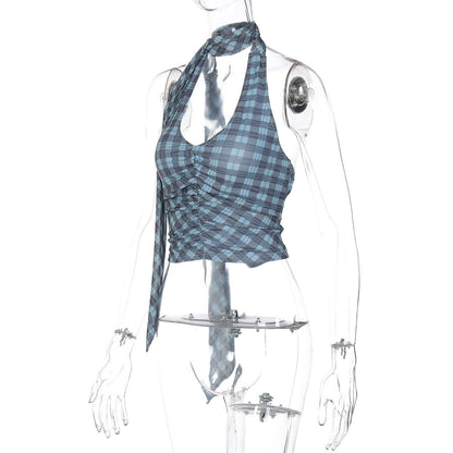 Halter u neck plaid ruched backless top  | Festival Outfits Women