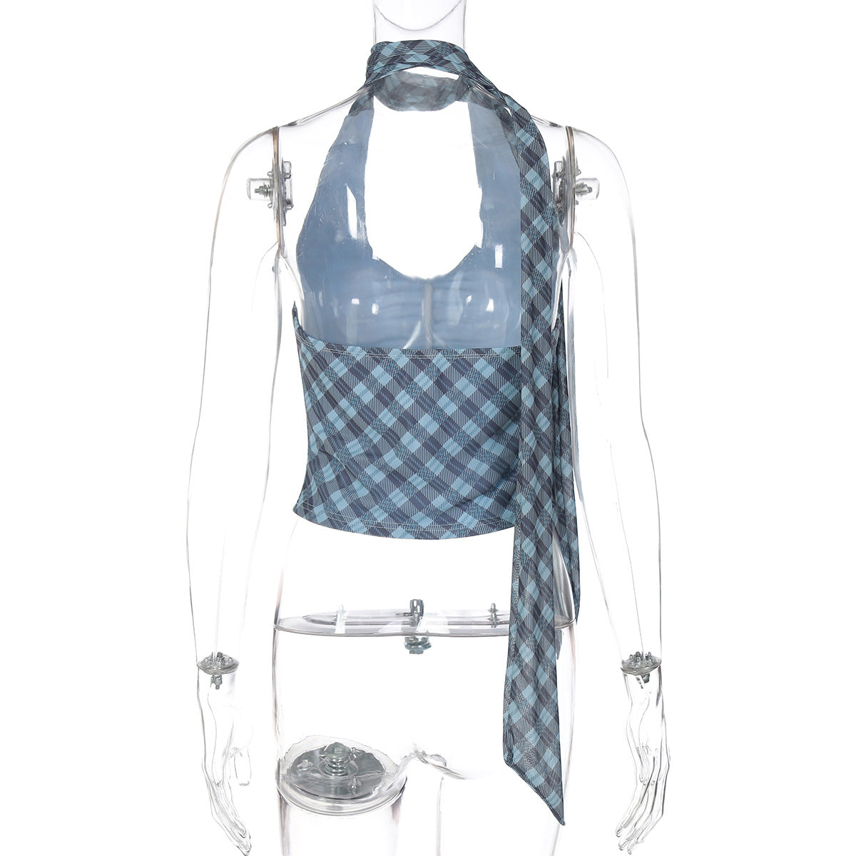 Halter u neck plaid ruched backless top  | Festival Outfits Women