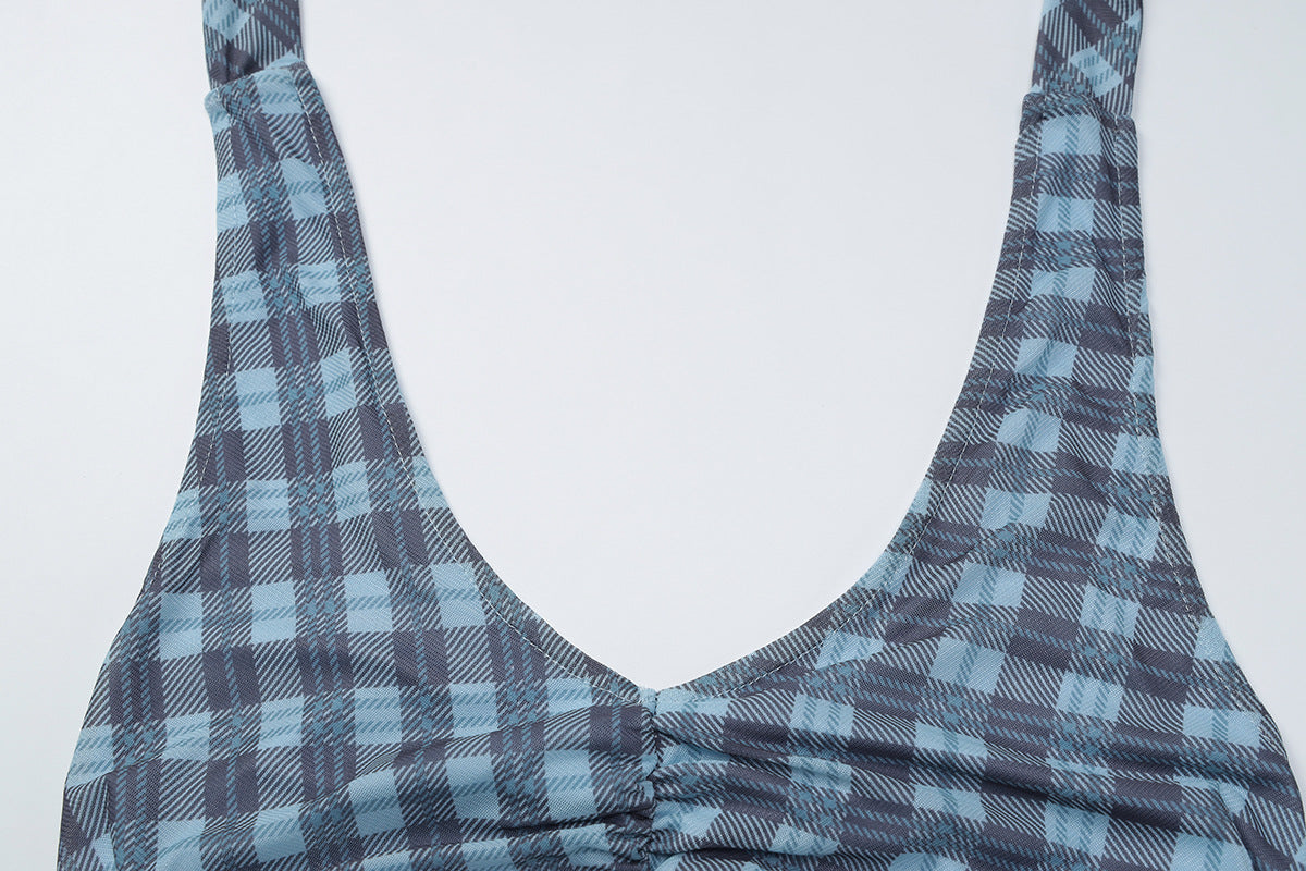 Halter u neck plaid ruched backless top  | Festival Outfits Women
