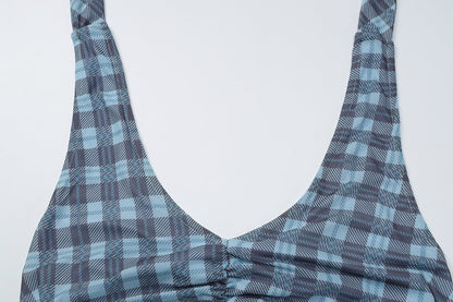 Halter u neck plaid ruched backless top  | Festival Outfits Women