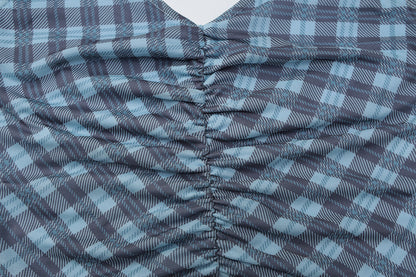 Halter u neck plaid ruched backless top  | Festival Outfits Women