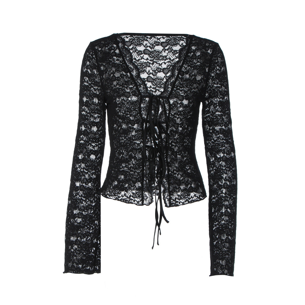 V neck long sleeve lace see through self tie top  | Festival Outfits Women