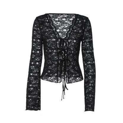 V neck long sleeve lace see through self tie top  | Festival Outfits Women