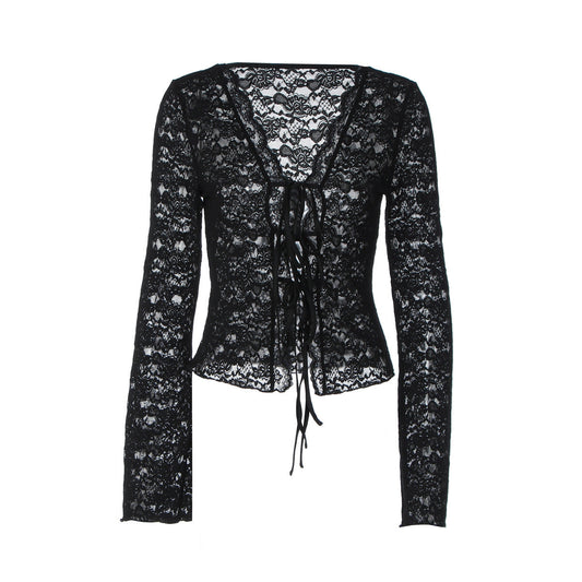 V neck long sleeve lace see through self tie top  | Festival Outfits Women
