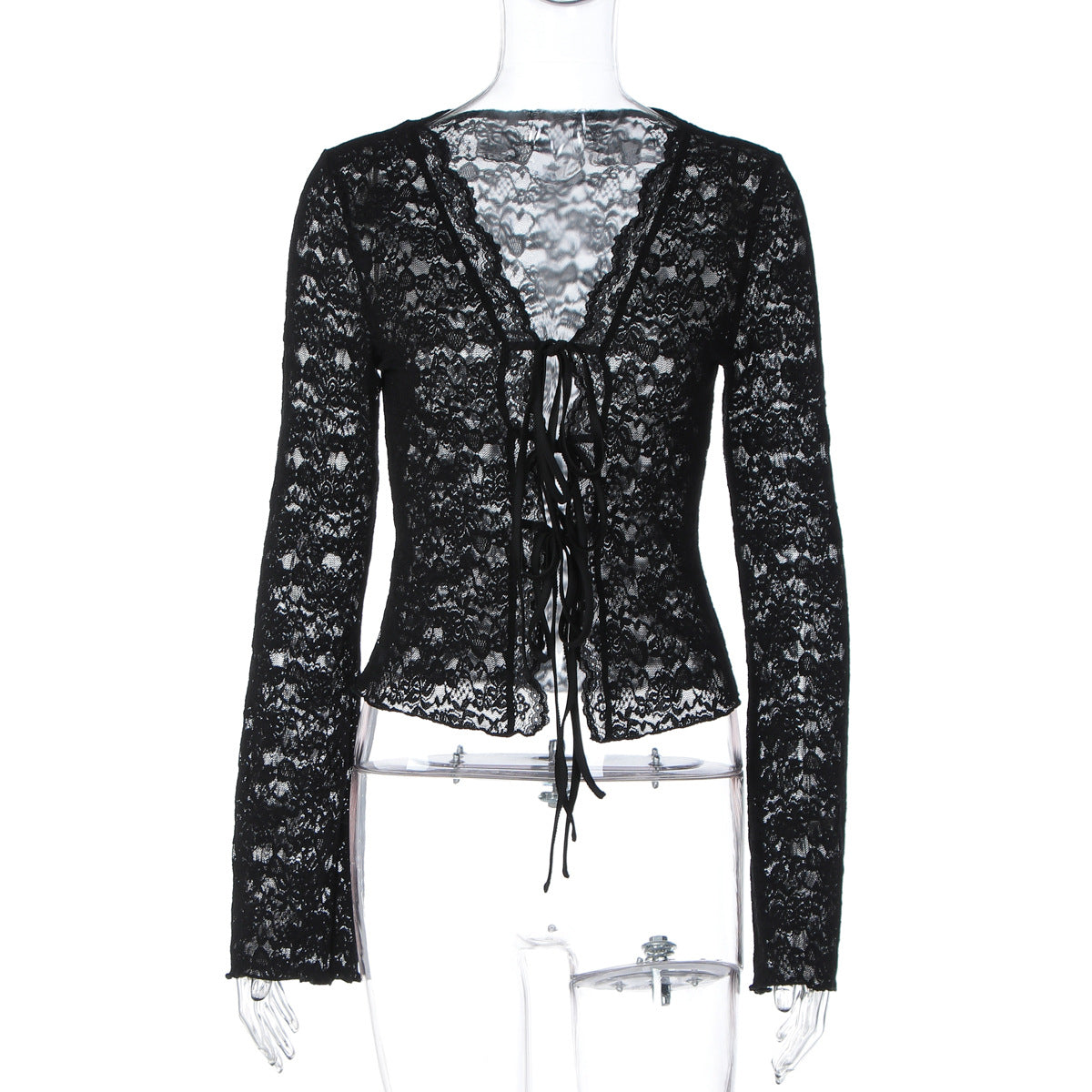 V neck long sleeve lace see through self tie top  | Festival Outfits Women