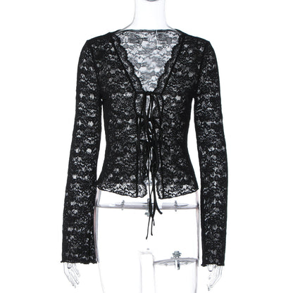 V neck long sleeve lace see through self tie top  | Festival Outfits Women