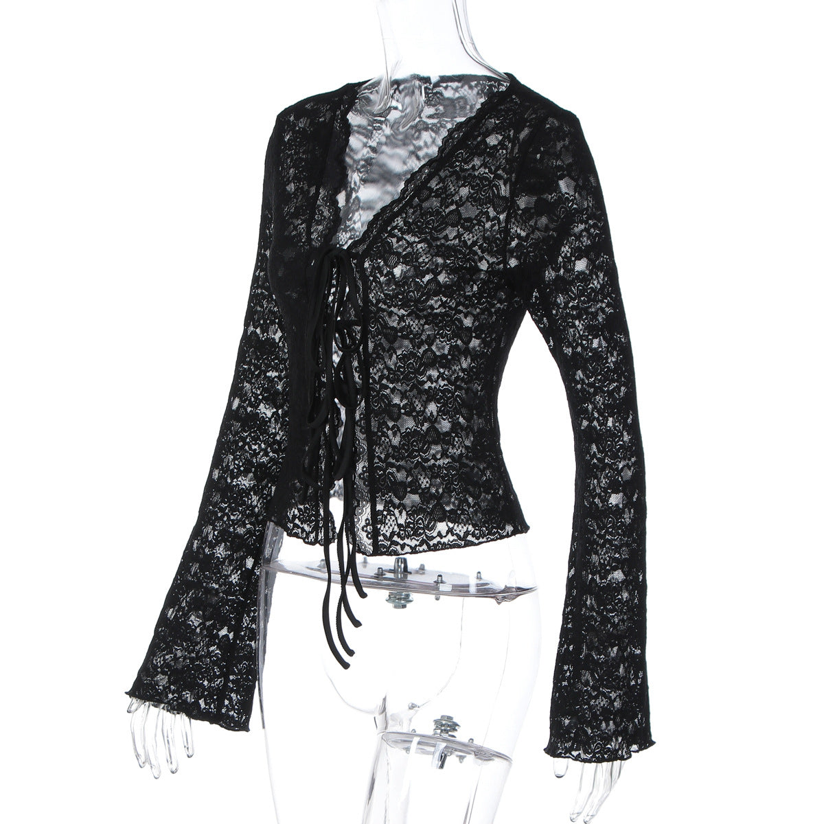 V neck long sleeve lace see through self tie top  | Festival Outfits Women