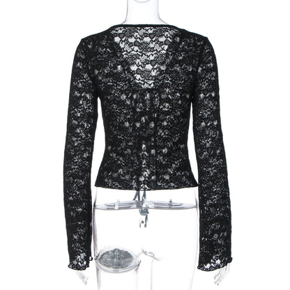 V neck long sleeve lace see through self tie top  | Festival Outfits Women