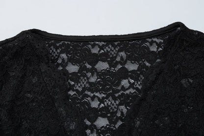 V neck long sleeve lace see through self tie top  | Festival Outfits Women