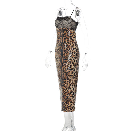 Leopard print glitter slit lace cami midi dress  | Festival Outfits Women