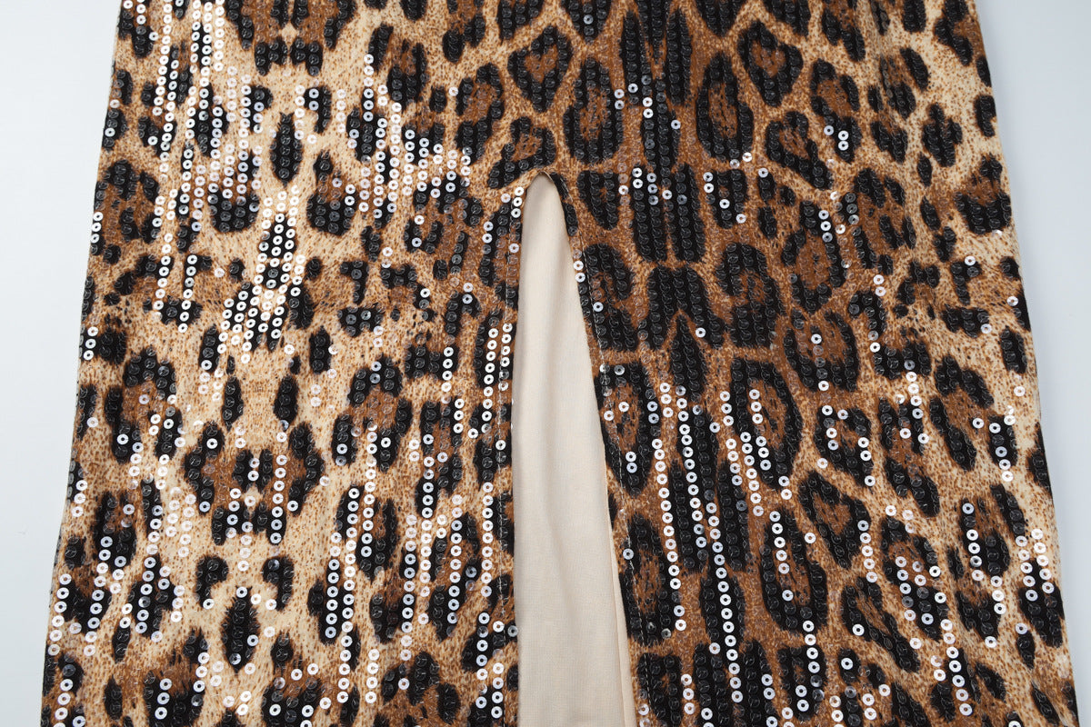 Leopard print glitter slit lace cami midi dress  | Festival Outfits Women
