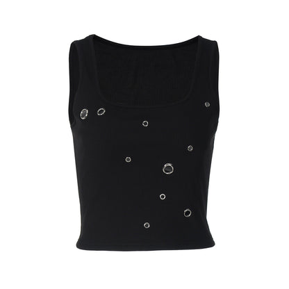 Ribbed square neck hollow out solid tank cut out top  | Festival Outfits Women