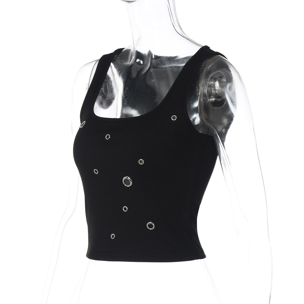 Ribbed square neck hollow out solid tank cut out top  | Festival Outfits Women