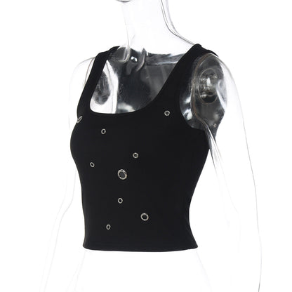 Ribbed square neck hollow out solid tank cut out top  | Festival Outfits Women