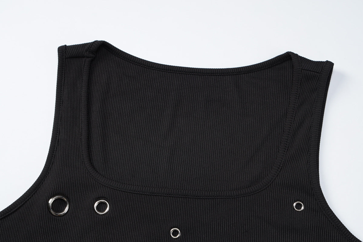 Ribbed square neck hollow out solid tank cut out top  | Festival Outfits Women