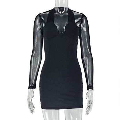 Long sleeve mesh patchwork padded mini dress  | Festival Outfits Women