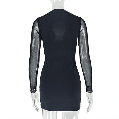 Long sleeve mesh patchwork padded mini dress  | Festival Outfits Women