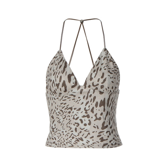 Leopard print v neck halter backless top | Festival Outfits Women | Cheetah Print Top