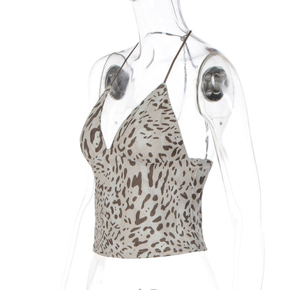 Leopard print v neck halter backless top  | Festival Outfits Women  | Cheetah Print Top