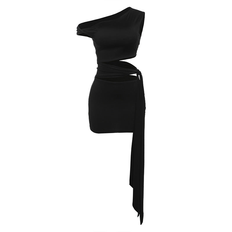 One shoulder hollow out solid cut out mini dress  | Festival Outfits Women