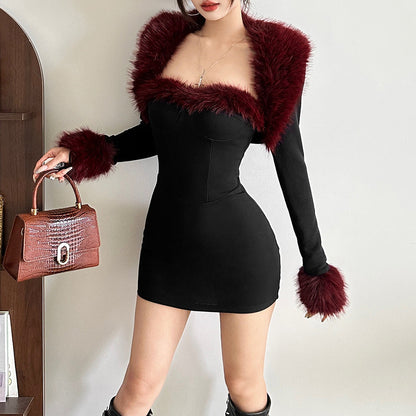 Long sleeve fluffy shrug 2 piece mini dress  | Festival Outfits Women
