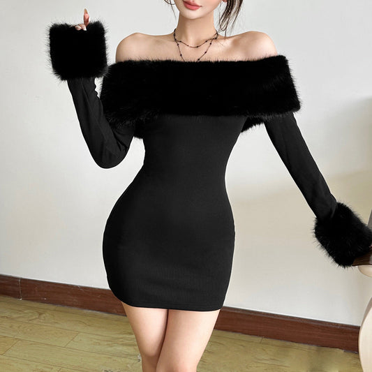 Off shoulder long sleeve fluffy mini dress  | Festival Outfits Women