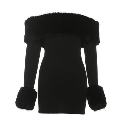 Off shoulder long sleeve fluffy mini dress  | Festival Outfits Women