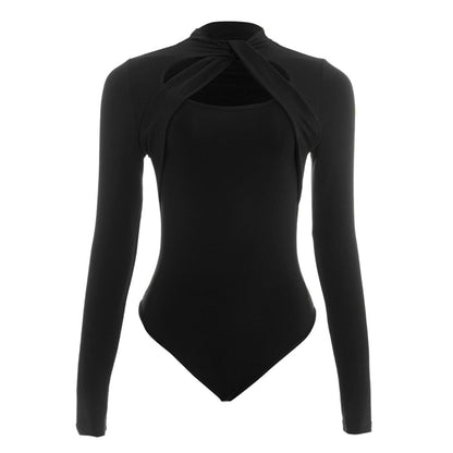 Long sleeve hollow out crewneck button bodysuit  | Festival Outfits Women