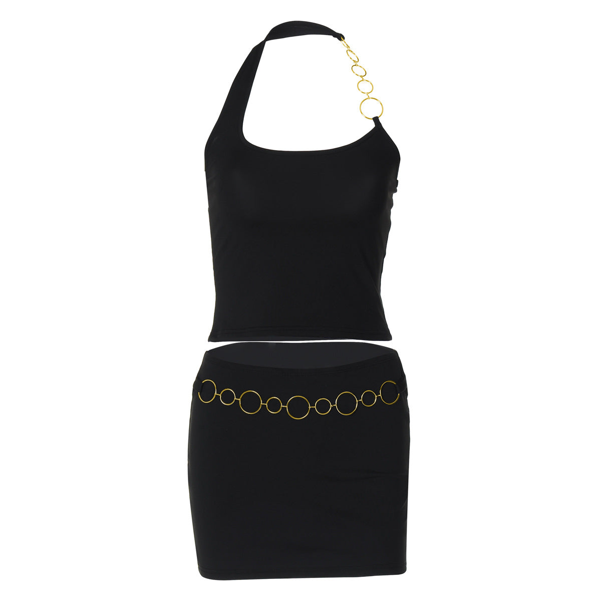 Halter metal chain u neck solid mini skirt set  | Festival Outfits Women