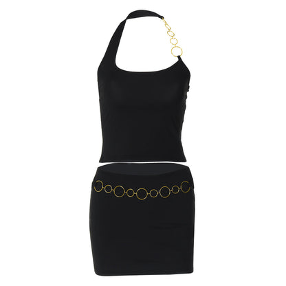 Halter metal chain u neck solid mini skirt set  | Festival Outfits Women