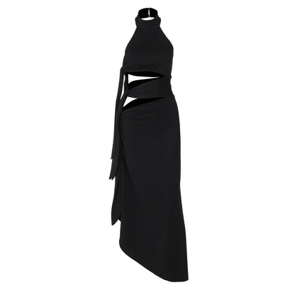 Halter hollow out irregular button slit cut out maxi dress  | Festival Outfits Women
