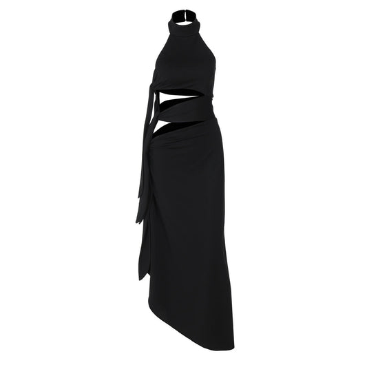 Halter hollow out irregular button slit cut out maxi dress  | Festival Outfits Women