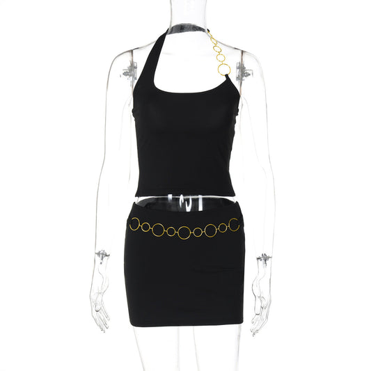 Halter metal chain u neck solid mini skirt set  | Festival Outfits Women