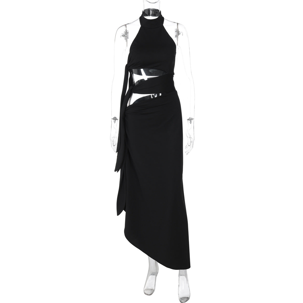 Halter hollow out irregular button slit cut out maxi dress  | Festival Outfits Women