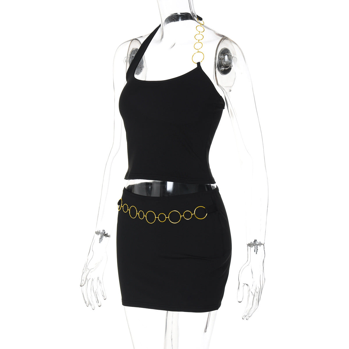 Halter metal chain u neck solid mini skirt set  | Festival Outfits Women