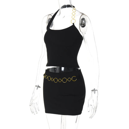 Halter metal chain u neck solid mini skirt set  | Festival Outfits Women
