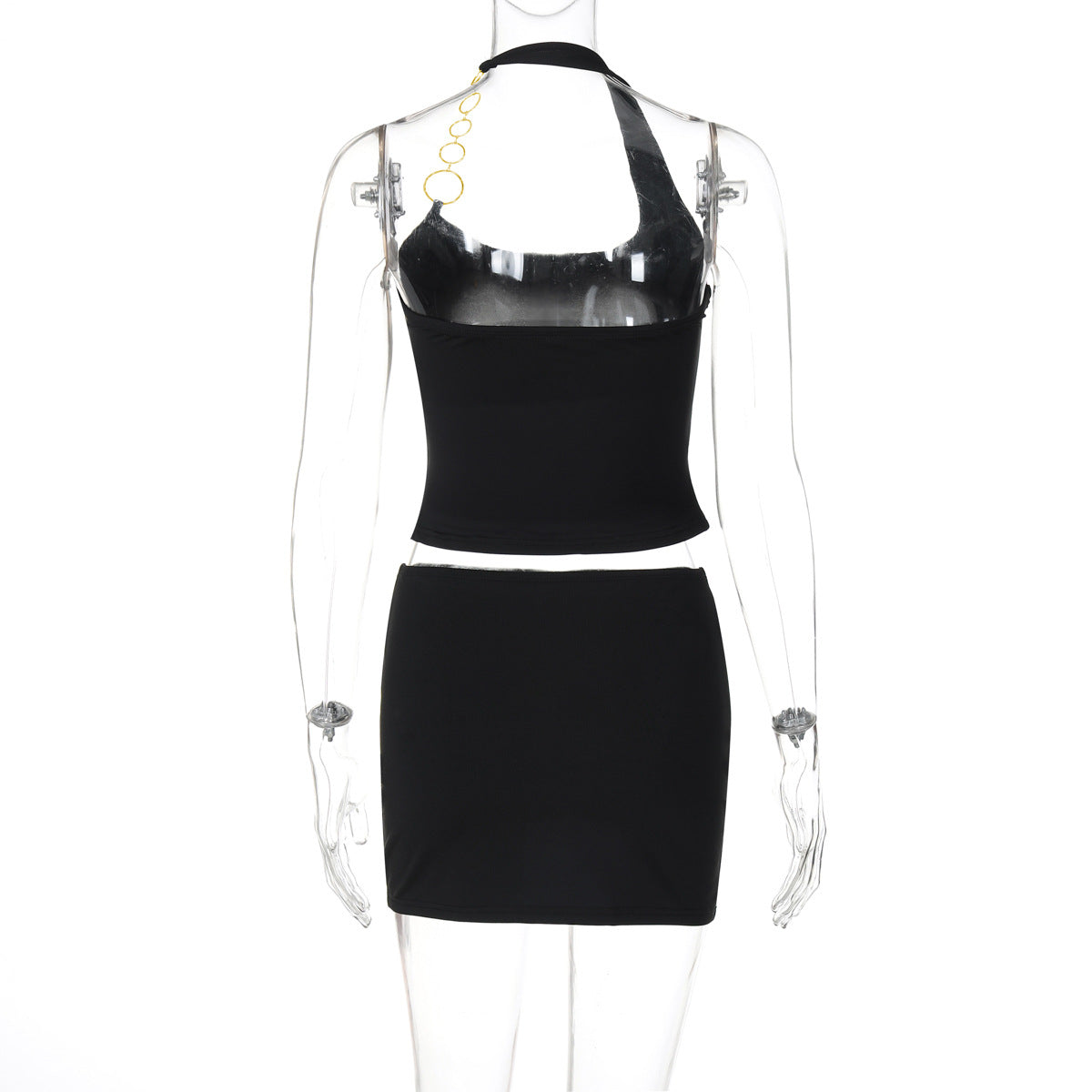 Halter metal chain u neck solid mini skirt set  | Festival Outfits Women