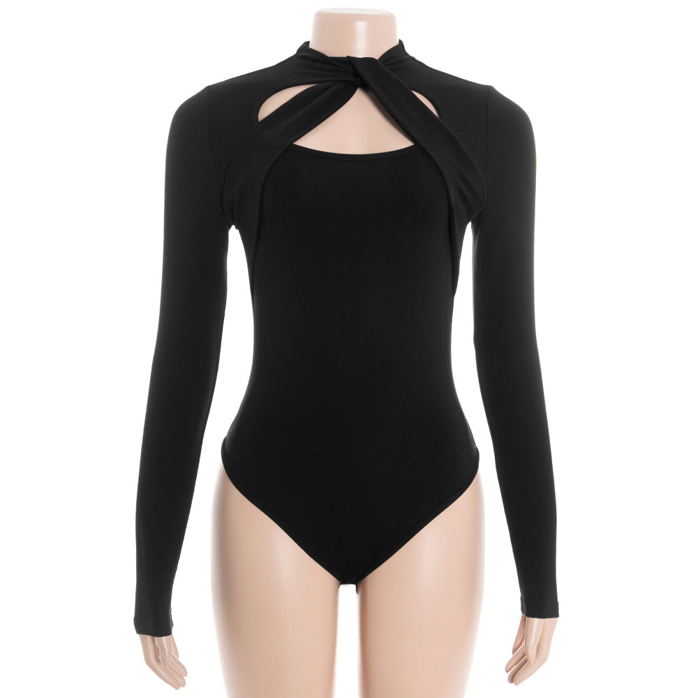 Long sleeve hollow out crewneck button bodysuit  | Festival Outfits Women