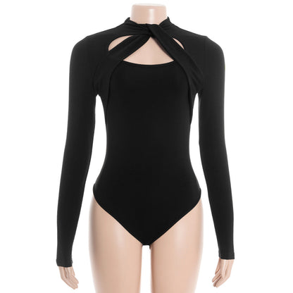 Long sleeve hollow out crewneck button bodysuit  | Festival Outfits Women