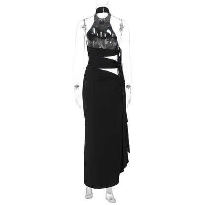 Halter hollow out irregular button slit cut out maxi dress  | Festival Outfits Women