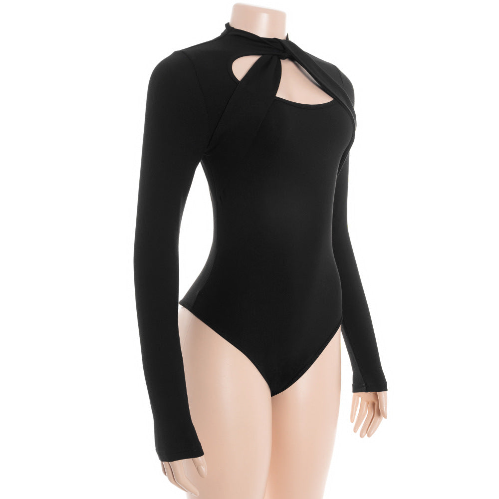 Long sleeve hollow out crewneck button bodysuit  | Festival Outfits Women