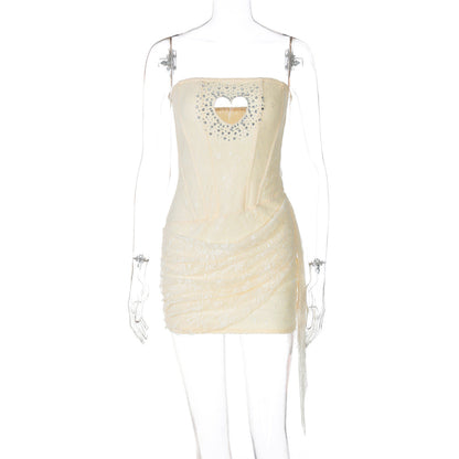 Hollow out beaded lace irregular tube cut out mini dress  | Festival Outfits Women
