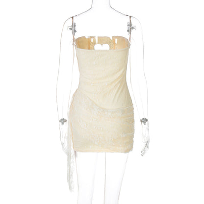Hollow out beaded lace irregular tube cut out mini dress  | Festival Outfits Women