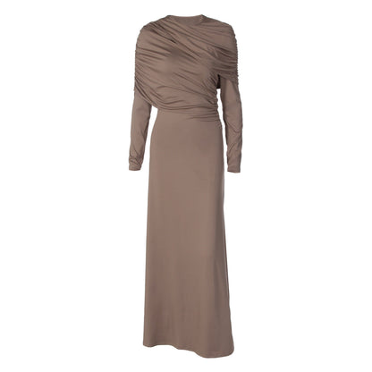 Long sleeve ruched irregular crewneck maxi dress  | Festival Outfits Women