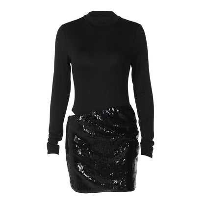 Long sleeve crewneck glitter hollow out cut out mini dress  | Festival Outfits Women