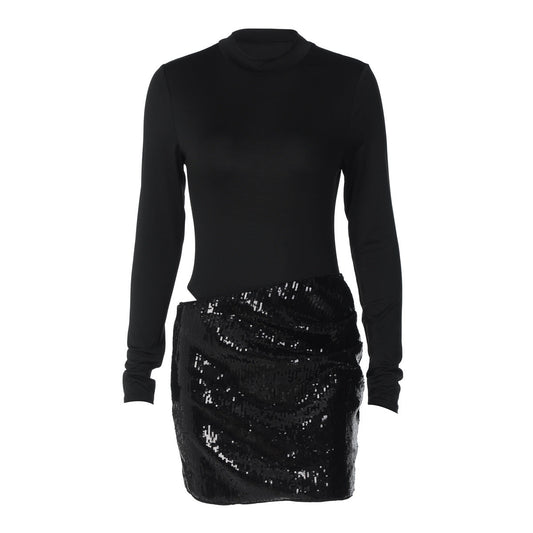Long sleeve crewneck glitter hollow out cut out mini dress  | Festival Outfits Women