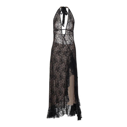 Halter self tie lace slit hollow out cut out maxi dress  | Festival Outfits Women